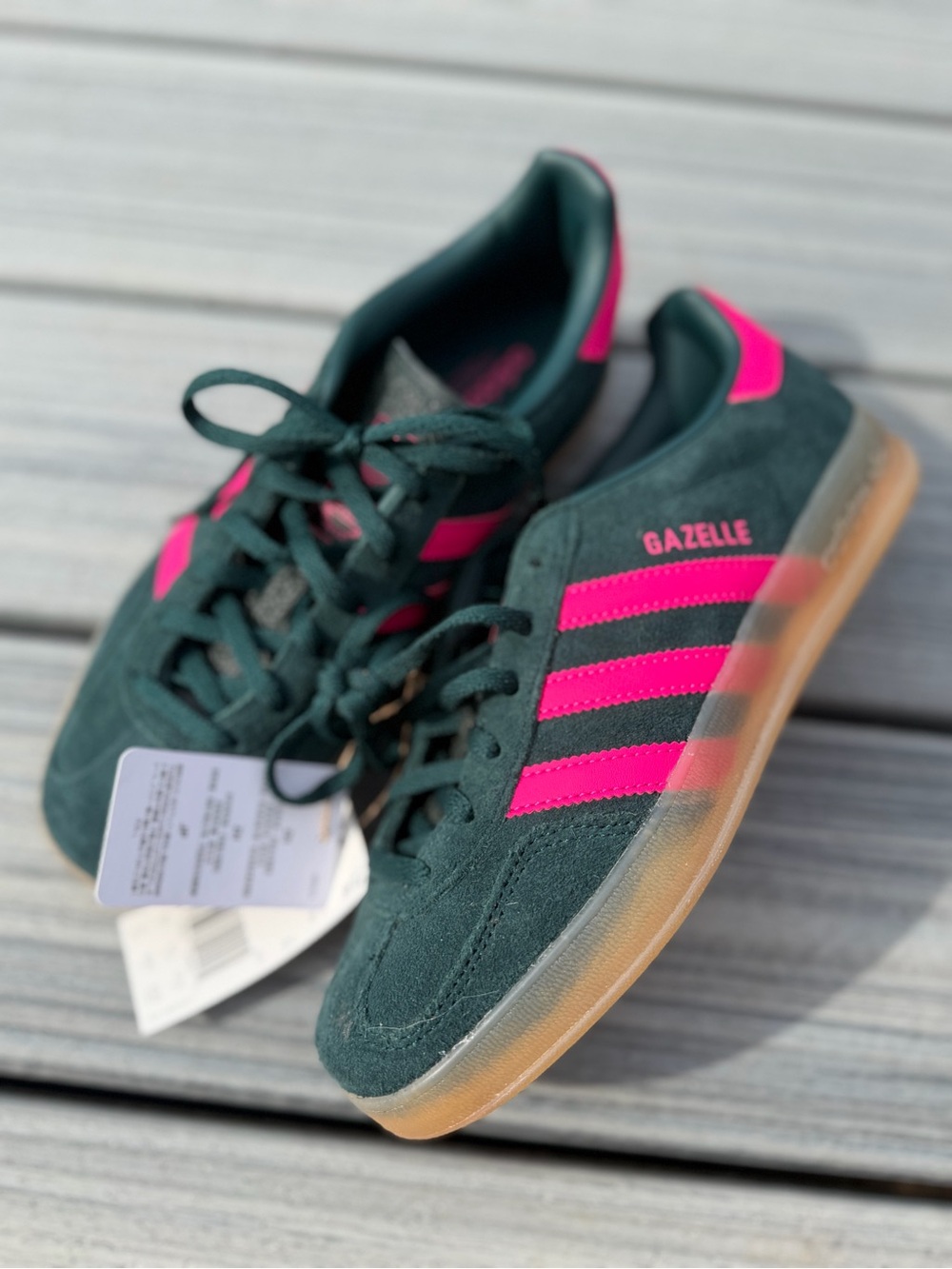 Adidas Gazelle Dark Green & Hot Pink Suede Sneakers - Picture 2 of 12